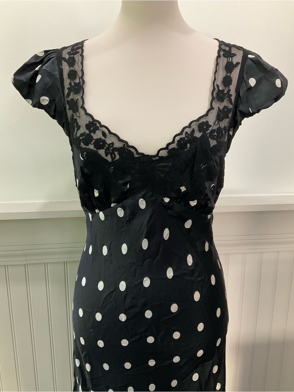 Free People Black Polka Dot Satin Lace Maxi Dress Open Back M NWT - Picture 4 of 6